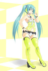 Rule 34 | 1girl, aqua eyes, aqua hair, armpits, bare shoulders, boots, bracelet, checkered background, collar, detached collar, hand on own hip, hatsune miku, headset, high heels, hip focus, jewelry, konimaru, long hair, nail polish, necktie, open mouth, pointing, pointing up, project diva (series), project diva 2nd, shoes, solo, thigh boots, thighhighs, twintails, very long hair, vocaloid, yellow (vocaloid), yellow theme, yellow thighhighs