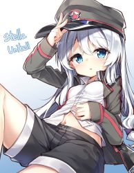 Rule 34 | 1girl, arm up, blue background, blue eyes, blush, bow, breasts, character name, collared shirt, commentary request, darnell, fingernails, gradient background, grey hat, grey jacket, grey shorts, hair between eyes, hair bow, hand on headwear, hand on own stomach, hat, jacket, korean commentary, long hair, long sleeves, looking at viewer, military hat, navel, open clothes, open jacket, peaked cap, purple bow, shirt, short shorts, shorts, silver hair, sleeves past wrists, small breasts, solo, soulworker, star (symbol), stella unibell, very long hair, white background, white shirt