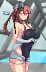 Rule 34 | 1girl, aqua hat, black one-piece swimsuit, blue eyes, blush, breasts, brown hair, closed mouth, competition swimsuit, cosplay, cowboy shot, dated, garrison cap, gloves, hair between eyes, hat, highleg, highleg swimsuit, highres, kantai collection, large breasts, long hair, looking at viewer, montemasa, one-piece swimsuit, pool, rei no pool, saratoga (kancolle), scamp (kancolle), scamp (kancolle) (cosplay), short shorts, shorts, side ponytail, smile, solo, swimsuit, twitter username, white gloves, white shorts