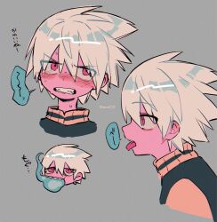 Rule 34 | 1boy, blush, clenched teeth, hair between eyes, highres, hitodama, jacket, male focus, menma (enaic31), red eyes, sharp teeth, short hair, simple background, soul eater, soul evans, speech bubble, sweatdrop, teeth, tongue, tongue out, translation request, twitter username, variations, white hair