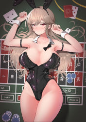 Rule 34 | :o, absurdres, animal ears, armband, arms up, breasts, brown hair, casino card table, cleavage, fake animal ears, furen e lustario, highleg, highleg leotard, highres, large breasts, leotard, looking at viewer, lying, nijisanji, on back, playboy bunny, rabbit ears, red eyes, skindentation, table, thighs, velceed, virtual youtuber