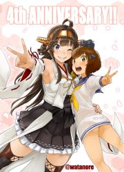 Rule 34 | 10s, 2girls, ahoge, anniversary, armpits, ass, brown eyes, brown hair, clothes writing, commentary request, detached sleeves, double bun, dress, grin, hand on another&#039;s back, headgear, headset, highres, japanese clothes, kantai collection, kongou (kancolle), long hair, long sleeves, looking at viewer, multiple girls, neckerchief, nontraditional miko, one eye closed, open mouth, petals, purple eyes, remodel (kantai collection), sailor dress, sarashi, short hair, sidelocks, skirt, smile, speaking tube headset, thighhighs, twitter username, underwear writing, watanore, wide sleeves, yukikaze (kancolle)