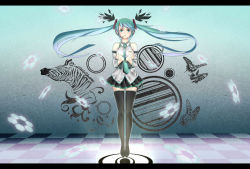 Rule 34 | ahirun, animal, aqua eyes, aqua hair, bad id, bad pixiv id, bug, butterfly, detached sleeves, hatsune miku, headset, insect, legs, letterboxed, long hair, necktie, saihate (vocaloid), skirt, solo, thighhighs, twintails, very long hair, vocaloid, zettai ryouiki