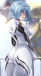 Rule 34 | 1girl, ass, ayanami rei, blue eyes, blue hair, bodysuit, breasts, eyes visible through hair, facing away, grabbing own arm, hair between eyes, hair ornament, highres, hotate-chan, humanoid robot, large breasts, leaning on object, looking at viewer, looking back, mecha, neon genesis evangelion, parted lips, plugsuit, railing, red eyes, robot, short hair, skin tight, solo, white background, white bodysuit