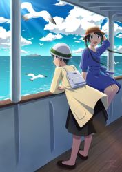Rule 34 | 2girls, :d, alternate costume, backpack, bag, bird, black footwear, blue dress, bowl, bowl hat, commentary request, commission, dated, dress, from side, full body, green eyes, green hair, hat, kantai collection, long hair, looking at viewer, looking to the side, mikuma (kancolle), mogami (kancolle), multiple girls, nao (nao eg), open mouth, seagull, ship deck, short hair, signature, skeb commission, smile, twintails, white headwear