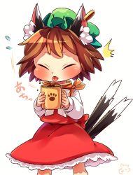 Rule 34 | animal ear fluff, animal ears, cat ears, cat tail, chen, cup, dress, closed eyes, feet out of frame, flying sweatdrops, frilled dress, frills, gold trim, highres, holding, holding cup, hot, ibaraki natou, multiple tails, nekomata, paw print, red dress, ribbon, shirt, simple background, solo, surprised, tail, tongue, tongue out, touhou, two tails, white background, white neckwear, white ribbon, white shirt