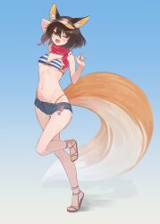 Rule 34 | 1girl, ;d, absurdres, animal ear fluff, animal ears, arm behind back, arm up, bad anatomy, bikini, bikini top only, bikini under clothes, black bikini, blue archive, blue background, blue shorts, blue skirt, breasts, brown hair, denim, denim shorts, eyeshadow, feet, fox ears, fox girl, fox shadow puppet, fox tail, full body, groin, highres, izuna (blue archive), izuna (swimsuit) (blue archive), knee up, legs, looking at viewer, makeup, midriff, nail polish, navel, one eye closed, open mouth, orange nails, red eyeshadow, red scarf, reversed feet, reversed foot, sandals, scarf, short hair, short shorts, shorts, skirt, sl10 d, small breasts, smile, solo, standing, standing on one leg, striped bikini, striped clothes, swimsuit, tail, toes, underboob, visor cap, yellow eyes