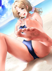 Rule 34 | 1girl, absurdres, bare legs, bare shoulders, barefoot, beach, blue sky, brown eyes, brown hair, crotch, dutch angle, hair ornament, hairclip, highres, ichikawa hinana, idolmaster, idolmaster shiny colors, kos-owl, long hair, looking at viewer, low twintails, nail polish, ocean, open mouth, red nails, sand, school swimsuit, sky, soles, solo, swimsuit, toes, twintails