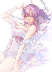 Rule 34 | 1girl, absurdres, blue archive, blush, breasts, choker, cleavage, commentary, cowboy shot, dress, grin, hair between eyes, halo, highres, korean commentary, large breasts, long hair, mechanical halo, purple eyes, purple hair, sleeveless, sleeveless dress, smile, solo, torano, white choker, white dress, yuuka (blue archive)