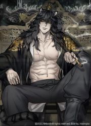 Rule 34 | 1boy, abs, animal ears, black hair, black pants, black robe, black tail, character request, commentary request, crown, holding, korean commentary, long hair, long sleeves, looking at viewer, male focus, muscular, muscular male, open clothes, open shirt, pants, pectorals, pongdyu (hbscribble), robe, saibai shounen, scar, sitting, smoke, smoking, smoking pipe, throne, tiger ears, yellow eyes