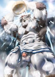 Rule 34 | 1boy, abs, ainu clothes, arms up, bara, bathing, bucket, flaccid, foreskin, from below, furry, furry male, headband, highres, horkeu kamui, looking down, male focus, muscular, navel, nipples, penis, rossciaco, solo, testicles, tokyo houkago summoners, towel around waist, uncensored, wet, wet towel, wooden bucket, yellow eyes