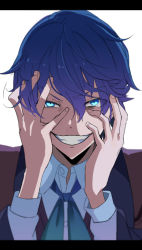 Rule 34 | 1boy, akutoku no judgement (vocaloid), black robe, blue hair, blue ribbon, collared shirt, crazy eyes, crazy grin, crazy smile, evil eyes, evil grin, evil smile, evillious nendaiki, glowing, glowing eyes, grin, hair between eyes, highres, judge, kaito (vocaloid), letterboxed, looking at viewer, messy hair, open collar, partially unbuttoned, ribbon, robe, shirt, smile, solo, teeth, vocaloid, white background, yamimiya