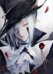Rule 34 | 1girl, arknights, artist name, ascot, black dress, black headwear, commentary request, dress, earrings, gladiia (arknights), goth fashion, hair over one eye, hat, high collar, highres, jewelry, lig+, lips, looking at viewer, partial commentary, petals, pointy ears, pointy hat, red eyes, signature, silver hair, simple background, tricorne, twitter username, upper body, white ascot, white background