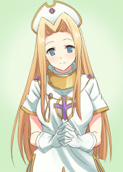 Rule 34 | 1girl, blonde hair, blue eyes, blush, breasts, dress, gloves, gradient background, hair intakes, hat, hyakuen raitaa, long hair, mint adenade, own hands clasped, own hands together, smile, solo, tales of (series), tales of phantasia