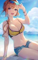 Rule 34 | 1girl, :d, absurdres, arisugawa natsuha, arm support, arm up, bare arms, bare shoulders, beach, bikini, bikini top only, blue-tinted eyewear, blue nails, blue shorts, blush, breasts, brown eyes, cleavage, clothes writing, collarbone, commentary request, cutoffs, denim, denim shorts, earrings, eyewear on head, goggles, goggles on head, highres, idolmaster, idolmaster shiny colors, jewelry, long hair, looking at viewer, magako, medium breasts, micro shorts, midriff, nail polish, navel, ocean, open fly, open mouth, orange hair, shorts, sitting, smile, solo, stomach, swept bangs, swimsuit, thighs, tinted eyewear, torn clothes, torn shorts, water, wristband, yellow bikini