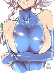 Rule 34 | 1girl, areola slip, bare shoulders, blue gloves, braid, breast hold, breasts, bridal gauntlets, close-up, covered erect nipples, elbow gloves, gloves, hair ribbon, head out of frame, izayoi sakuya, large breasts, long hair, parted lips, ribbon, silver hair, simple background, sleeveless, smile, solo, tajima yuuki, touhou, twin braids, white background
