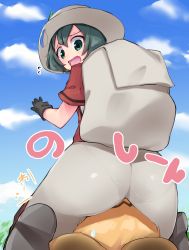 Rule 34 | 10s, 2girls, animal ears, ass, backpack, bad id, bad pixiv id, bag, black gloves, black hair, blonde hair, bucket hat, cloud, day, flying sweatdrops, gloves, hair between eyes, hat, hat feather, highres, kaban (kemono friends), kemono friends, looking back, multiple girls, open mouth, pantylines, red shirt, serval (kemono friends), shirt, short hair, sitting, sitting on face, sitting on person, sky, wavy hair, wavy mouth, yoi naosuke