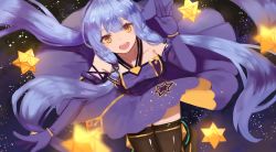 Rule 34 | 1girl, black thighhighs, blue hair, collarbone, dress, elbow gloves, gloves, highres, long hair, looking at viewer, open mouth, orange eyes, purple dress, purple gloves, ryuuno6, solo, thighhighs, vocaloid, xingchen
