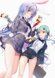 Rule 34 | 2girls, akasaai, animal ear fluff, animal ears, bag, blue hair, bow, bowtie, braid, butterfly hair ornament, collared shirt, colored inner hair, cup, drinking straw, drinking straw in mouth, food, food on face, green hair, hair ornament, hair ribbon, highres, holding, holding bag, holding cup, holding food, hololive, hololive fantasy, jacket, long hair, multicolored hair, multiple girls, open clothes, open jacket, panties, pantyshot, plaid, plaid bow, plaid bowtie, plaid skirt, purple hair, rabbit ears, rabbit girl, rabbit tail, red eyes, ribbon, school uniform, shirt, simple background, skirt, underwear, uruha rushia, uruha rushia (school uniform), usada pekora, very long hair, virtual youtuber, white background, white panties