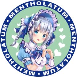 Rule 34 | 1girl, blue eyes, blush, bonnet, english text, heart, heart hands, highres, looking at viewer, mentholatum, mentholatum girl, moyon, open mouth, puffy short sleeves, puffy sleeves, round image, short hair, short sleeves, short twintails, silver hair, smile, solo, transparent background, twintails, upper body
