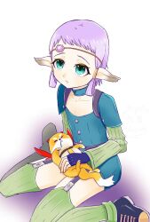 Rule 34 | 1girl, animal, blue eyes, breath of fire, breath of fire v, circlet, closed mouth, cupid (breath of fire), full body, gloves, looking at viewer, pointy ears, purple hair, rainyjuneht, short hair, short shorts, shorts, simple background, solo, thighhighs, white background