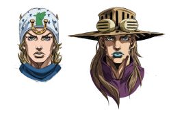 Rule 34 | 2boys, araki hirohiko (style), beanie, blue eyes, blue lips, blue scarf, brown headwear, commentary, cowboy hat, english commentary, goggles, goggles on headwear, grandguerrilla, gyro zeppeli, hat, highres, horseshoe, johnny joestar, jojo no kimyou na bouken, lipstick, looking at viewer, makeup, male focus, multiple boys, official style, parted lips, pink shirt, portrait, sanpaku, scarf, shirt, simple background, steel ball run, turtleneck, white background
