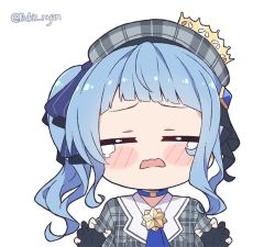 Rule 34 | 1girl, beret, blue hair, blush, closed eyes, gloves, grey hat, hair between eyes, hat, hololive, hoshimachi suisei, hoshimachi suisei (1st costume), kukie-nyan, looking at viewer, open mouth, side ponytail, smile, solo, star (symbol), tears, virtual youtuber