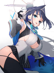 Rule 34 | 1girl, absurdres, amulet, blue eyes, blue hair, bow, bowtie, breasts, cape, chain, crop top, detached sleeves, earrings, gloves, hair intakes, highres, hololive, hololive english, jewelry, large breasts, miniskirt, open mouth, ouro kronii, ouro kronii (1st costume), short hair, simple background, skirt, solo, thighhighs, tokorinowa, underboob, virtual youtuber, white background