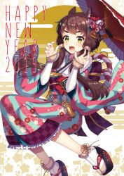 Rule 34 | 1girl, 2019, :d, animal ears, bad id, bad pixiv id, blush, boar ears, brown hair, claw pose, commentary request, english text, fang, fingernails, fur trim, green eyes, hair ornament, hands up, happy new year, ichiren namiro, japanese clothes, kimono, long hair, long sleeves, looking at viewer, low twintails, new year, obi, open mouth, original, platform clogs, platform footwear, sandals, sash, smile, tabi, twintails, white legwear