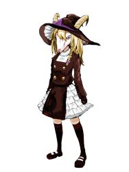 Rule 34 | 1girl, animal head, black footwear, black gloves, black jacket, black skirt, black socks, blonde hair, bow, braid, closed mouth, commentary request, cookie (touhou), full body, gloves, goat, hair bow, hat, hat bow, highres, horns, horns through headwear, jacket, johnnyyyyy, kirisame marisa, long hair, long sleeves, petticoat, purple bow, rei (cookie), shirt, shoes, side braid, simple background, single braid, skirt, socks, solo, standing, touhou, turtleneck, white background, white shirt, witch hat