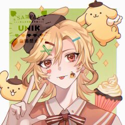 Rule 34 | 1boy, alternate costume, blonde hair, brown hat, cupcake, earrings, food, genshin impact, hair between eyes, hair ornament, hairclip, hat, highres, jewelry, kaveh (genshin impact), male focus, pompompurin, red eyes, red vest, ribbon, sanrio, shirt, smile, solo, tongue, tongue out, unik0503, vest, w, x hair ornament
