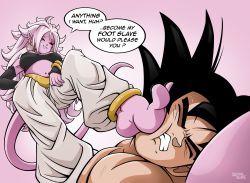 Rule 34 | absurdres, android 21, black hair, black nails, black shirt, colored skin, domination, dragon ball, dragonball z, feet, femdom, foot focus, foot on another&#039;s face, foot on head, highres, majin android 21, midriff, mousticus, nail polish, pants, pink background, pink skin, pointy hair, red eyes, saiyanslave, shirt, slave, son goku, spiked hair, stepped on, struggling, tail, toes, trample, white hair, white pants