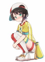 Rule 34 | 1girl, aqua eyes, asymmetrical bangs, asymmetrical legwear, baseball cap, benki1025, black hair, blush, closed mouth, commentary, cross-laced footwear, embarrassed, hat, highres, hololive, hugging own legs, knees to chest, looking at viewer, megaphone, mismatched legwear, oozora subaru, oozora subaru (1st costume), parted bangs, red hat, red thighhighs, shirt, shoes, short hair, short shorts, short sleeves, shorts, sideways hat, simple background, sneakers, solo, squatting, stopwatch, stopwatch around neck, striped clothes, striped shirt, thighhighs, thighs, two-tone headwear, two-tone shirt, vertical-striped clothes, vertical-striped shirt, virtual youtuber, watch, whistle, whistle around neck, white background, white footwear, white hat, white shirt, white shorts, white thighhighs, yellow shirt