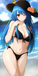Rule 34 | 1girl, 7saki, ;), aged up, bad id, bad pixiv id, beach, bikini, black bikini, black hat, blue hair, blush, breasts, collarbone, commentary request, food, fruit, hat, highres, hinanawi tenshi, long hair, looking at viewer, medium breasts, navel, one eye closed, outdoors, peach, red eyes, side-tie bikini bottom, smile, solo, standing, swimsuit, thighs, touhou