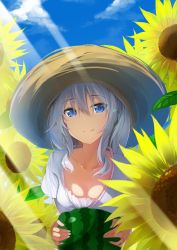 Rule 34 | 1girl, blush, breasts, closed mouth, day, dress, flower, food, fruit, grey hair, hair between eyes, hat, highres, inushi, kantai collection, kashima (kancolle), long hair, looking at viewer, medium breasts, outdoors, smile, solo, straw hat, sunlight, watermelon