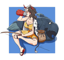 Rule 34 | 1girl, animal ears, animal print, artist request, bikini, bikini top only, black hair, blue background, breasts, canteen, cleavage, collarbone, cow ears, cow print, cow tail, drinking, dunkleosteus, fish, fishing, fishing rod, frilled shorts, frills, grey hair, haori, horns, japanese clothes, jug (bottle), large breasts, looking at viewer, midriff, multicolored background, multicolored hair, navel, oni horns, prehistoric animal, red eyes, red horns, sandals, shorts, sitting, solo, split-color hair, swimsuit, tail, touhou, two-tone hair, ushizaki urumi, white background, yellow bikini, yellow shorts