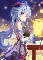 Rule 34 | 1girl, absurdres, bare shoulders, black pantyhose, blue hair, breasts, chinese clothes, closed mouth, detached sleeves, from side, ganyu (genshin impact), genshin impact, goat horns, highres, horns, lantern, lantern festival, light blue hair, long hair, looking at viewer, medium breasts, pantyhose, paper lantern, purple eyes, sky lantern, solo, takeawatch, vision (genshin impact)