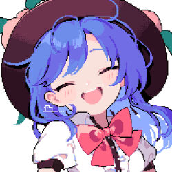 Rule 34 | 1girl, ahiru tokotoko, black headwear, blue hair, blush, buttons, center frills, closed eyes, collared shirt, facing viewer, frills, fruit hat ornament, hat ornament, highres, hinanawi tenshi, long hair, open mouth, peach hat ornament, pixel art, puffy short sleeves, puffy sleeves, shirt, short sleeves, simple background, smile, solo, touhou, upper body, white background, white shirt