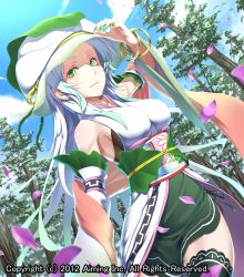 Rule 34 | 10s, 1girl, 2012, bare shoulders, blue hair, bracelet, dated, detached sleeves, dutch angle, green eyes, green nails, hat, japanese clothes, jewelry, kentairui, leaf, long hair, looking down, lord of knights, nail polish, obi, petals, sash, smile, solo, thighhighs, tree, very long hair