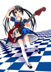 Rule 34 | 1girl, bad id, bad pixiv id, black hair, brown eyes, checkered floor, dress, electric guitar, fender (company), fender mustang, full body, guitar, highres, instrument, k-on!, kazuboh, kisaragi miyu, long hair, mustang, nakano azusa, perspective, plectrum, solo, thighhighs, twintails