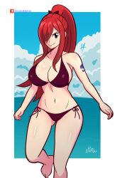 Rule 34 | 1girl, absurdres, bikini, black bikini, breasts, erza scarlet, fairy tail, highres, large breasts, outdoors, solo, solo focus, swimsuit, tagme