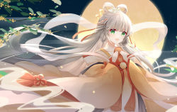 Rule 34 | 1girl, branch, chinese clothes, chinese commentary, commentary, drsn, floating hair, food, full moon, green eyes, grey hair, hagoromo, hair rings, highres, holding, holding food, long hair, looking at viewer, luo tianyi, mid-autumn festival, moon, mooncake, night, night sky, open mouth, orange robe, outdoors, robe, shawl, sky, smile, solo, standing, star (sky), tassel, twintails, upper body, very long hair, vocaloid, vsinger, wide sleeves
