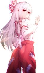 Rule 34 | 1girl, arm garter, baggy pants, blunt bangs, blurry, blurry foreground, bow, collared shirt, cowboy shot, from behind, from below, fujiwara no mokou, hair between eyes, hair bow, hair ornament, hand up, highres, leria v, light smile, long hair, long sleeves, looking back, ofuda, ofuda on clothes, pants, red eyes, red pants, shirt, sidelocks, simple background, solo, standing, suspenders, touhou, white background, white bow, white hair, white shirt