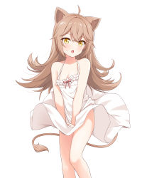 Rule 34 | 1girl, absurdres, ahoge, animal ears, blush, breasts, brown hair, cleavage, commentary request, dress, dress tug, felutiahime, hair between eyes, highres, indie virtual youtuber, lion ears, lion girl, lion tail, long hair, looking at viewer, marilyn monroe, open mouth, rurudo lion, rurudo lion (1st costume), sidelocks, simple background, small breasts, solo, sundress, sweatdrop, tail, virtual youtuber, white background, white dress, yellow eyes