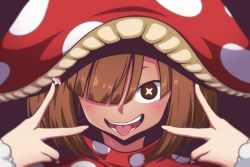 Rule 34 | 1girl, :d, :p, boku no hero academia, brown eyes, brown hair, commentary request, double v, dress, eyebrows hidden by hair, food-themed hair ornament, hair ornament, hair over one eye, hands up, high collar, komori kinoko, long sleeves, looking at viewer, mushroom hair ornament, mushroom hat, open mouth, polka dot, polka dot dress, portrait, red dress, red headwear, shachoo., sleeves past wrists, smile, solo, symbol-shaped pupils, teeth, thick eyebrows, tongue, tongue out, upper teeth only, v, x-shaped pupils