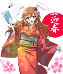Rule 34 | 10s, 1girl, 2016, :d, animal ears, blue eyes, charlotte e. yeager, facepaint, flower, hagoita, hair flower, hair ornament, hanetsuki, japanese clothes, kimono, long hair, looking at viewer, new year, obi, open mouth, orange hair, paddle, rabbit ears, rabbit girl, sash, smile, solo, strike witches, world witches series, yumekaranigeruna