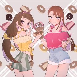 Rule 34 | + +, 2girls, :q, amanogawa kirara, asymmetrical bangs, blue shorts, blunt bangs, brown hair, cake, cake slice, cappuccino, casual, clothing cutout, commentary, cup, denim, denim shorts, doughnut, earrings, food, food on face, from side, front-tie top, go! princess precure, grey shorts, hair ornament, hair ribbon, hair scrunchie, heart, hello silly0081, highres, hijiri ageha, hirogaru sky! precure, holding, holding cup, holding food, holding spoon, in-franchise crossover, jewelry, licking lips, long hair, looking at viewer, looking back, midriff, multiple girls, pink shirt, precure, purple eyes, purple ribbon, ribbon, scrunchie, shirt, short shorts, short sleeves, shorts, shoulder cutout, spoken heart, spoon, standing, star (symbol), star earrings, stud earrings, tongue, tongue out, twintails, yellow scrunchie, yellow shirt