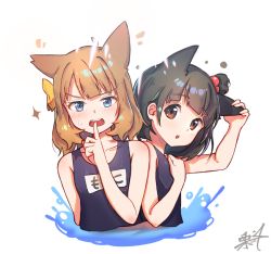 Rule 34 | 2girls, :o, animal ears, arm up, bare arms, bare shoulders, blue eyes, blue one-piece swimsuit, blush, bow, brown eyes, brown hair, collarbone, commentary request, finger to mouth, hair bobbles, hair bow, hair ornament, idolmaster, idolmaster million live!, kemonomimi mode, kuri choko, light brown hair, multiple girls, nakatani iku, name tag, one-piece swimsuit, one side up, open mouth, orange bow, parted lips, school swimsuit, signature, sparkle, suou momoko, sweat, swimsuit, v-shaped eyebrows, water, white background