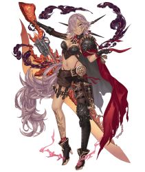 Rule 34 | 1girl, armor, asymmetrical gloves, asymmetrical legwear, belt, blue eyes, cape, chain, chain, cinderella (sinoalice), dark-skinned female, dark skin, earrings, elbow gloves, full body, gloves, gold chain, grin, gun, gunblade, hair over one eye, half mask, high heels, holster, holstered, huge weapon, jewelry, ji no, long hair, looking to the side, mask, midriff, navel, official art, purple hair, shoulder armor, sinoalice, smile, solo, sword, tattoo, torn cape, torn clothes, transparent background, uneven gloves, uneven legwear, very long hair, weapon