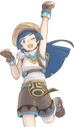 Rule 34 | 1girl, arm up, armpits, blouse, blue eyes, blue hair, blunt bangs, blush, brown footwear, brown gloves, brown shorts, commentary request, fingerless gloves, foot out of frame, gloves, hat, highres, leg up, long hair, looking at viewer, one eye closed, open mouth, rabbit, rabbit on shoulder, ragnarok online, shirt, shoes, shorts, simple background, sleeveless, sleeveless shirt, smile, solo, super novice (ragnarok online), white background, white shirt, zhi xie